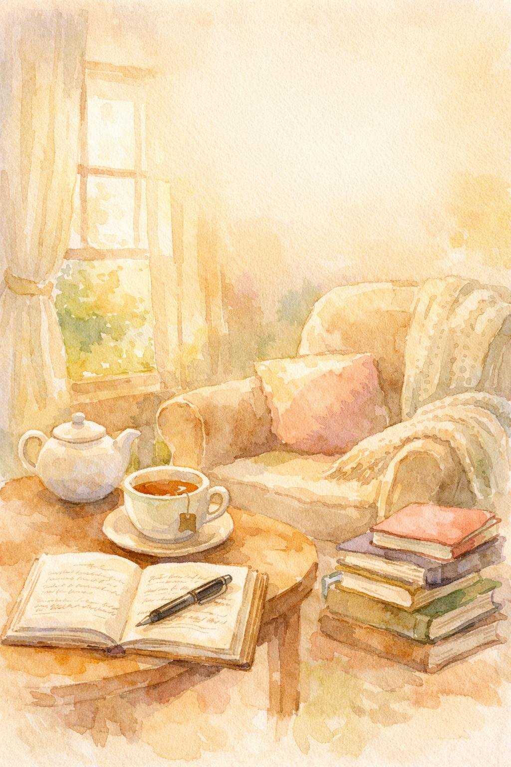 A cozy living room scene painted with watercolors, featuring an open book with a pen, a teapot, a cup of tea, a sofa with pillows, a stack of books, and an open window with curtains, letting in sunlight.