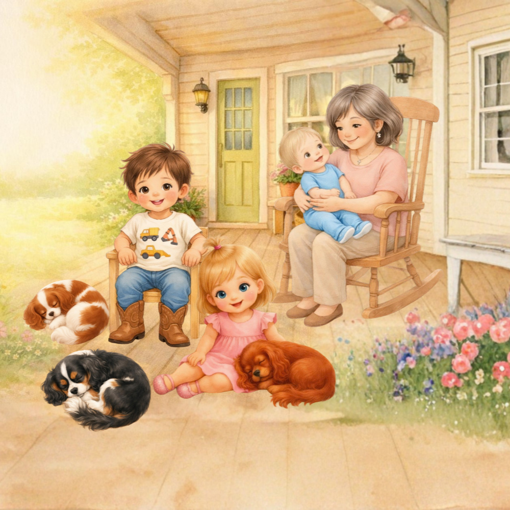 An illustration of a family with two children, an elderly woman, and three puppies on a porch with flowers.