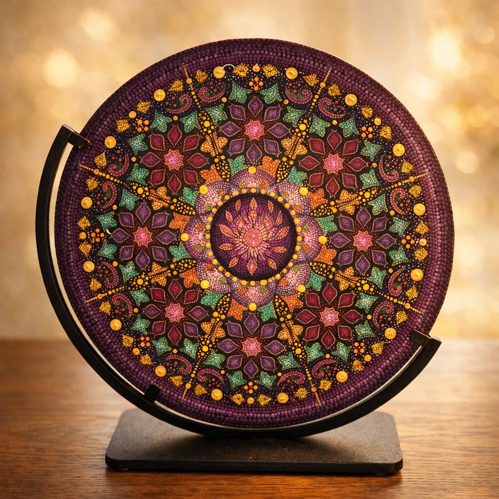Colorful, intricate mandala artwork on a circular plate set on a stand with a blurred gold background.