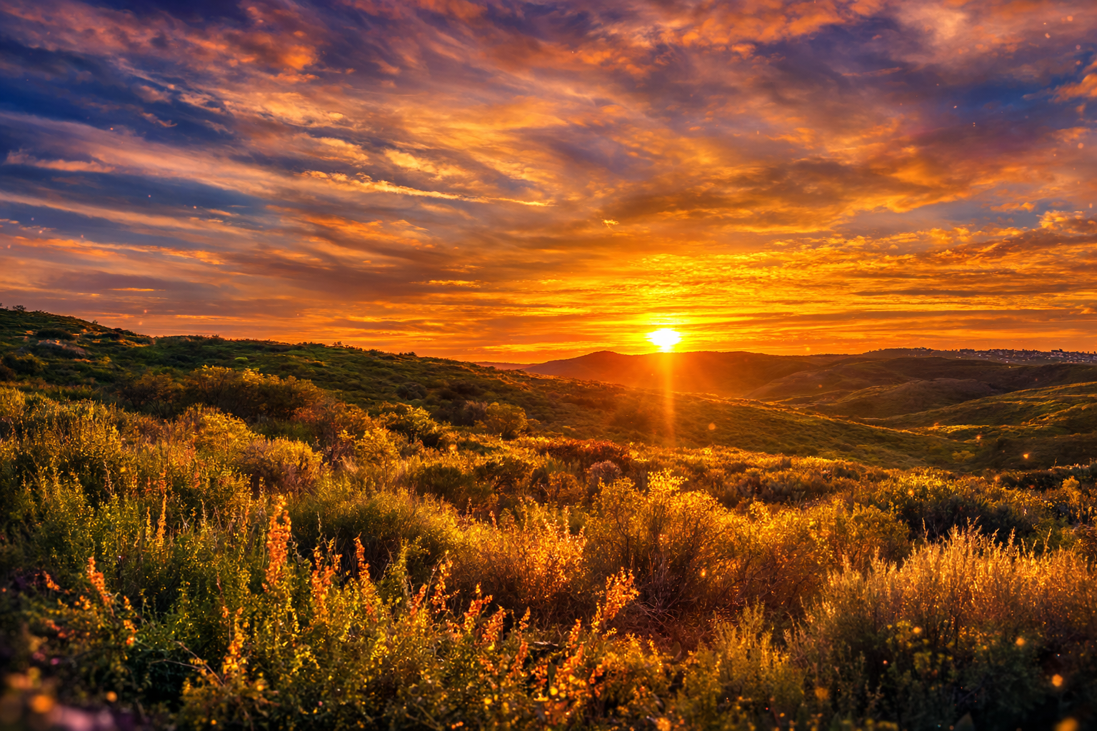 Sunset over rolling hills with lush vegetation and vibrant orange, purple, and yellow clouds in the sky.