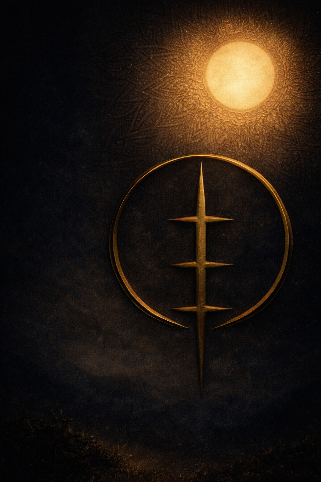 A dark background with a glowing sun or moon in the top right corner and a circular emblem with a vertical line and four horizontal spikes in the center.