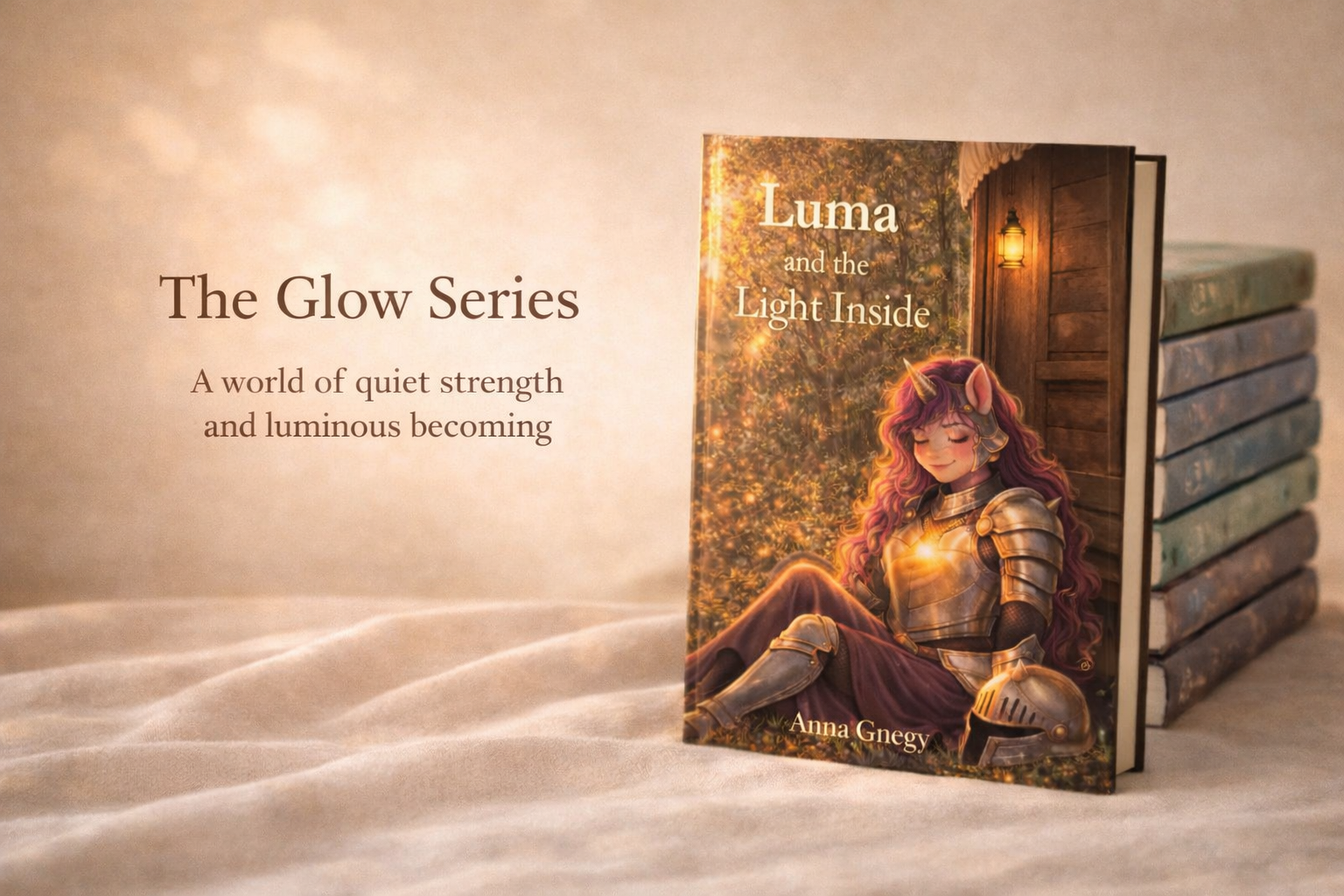 A row of stacked books and an open book titled 'Luma and the Light Inside' by Anna Gnegay, featuring an illustration of a girl with pink hair and a unicorn horn sitting outdoors, with sunlight and trees in the background.