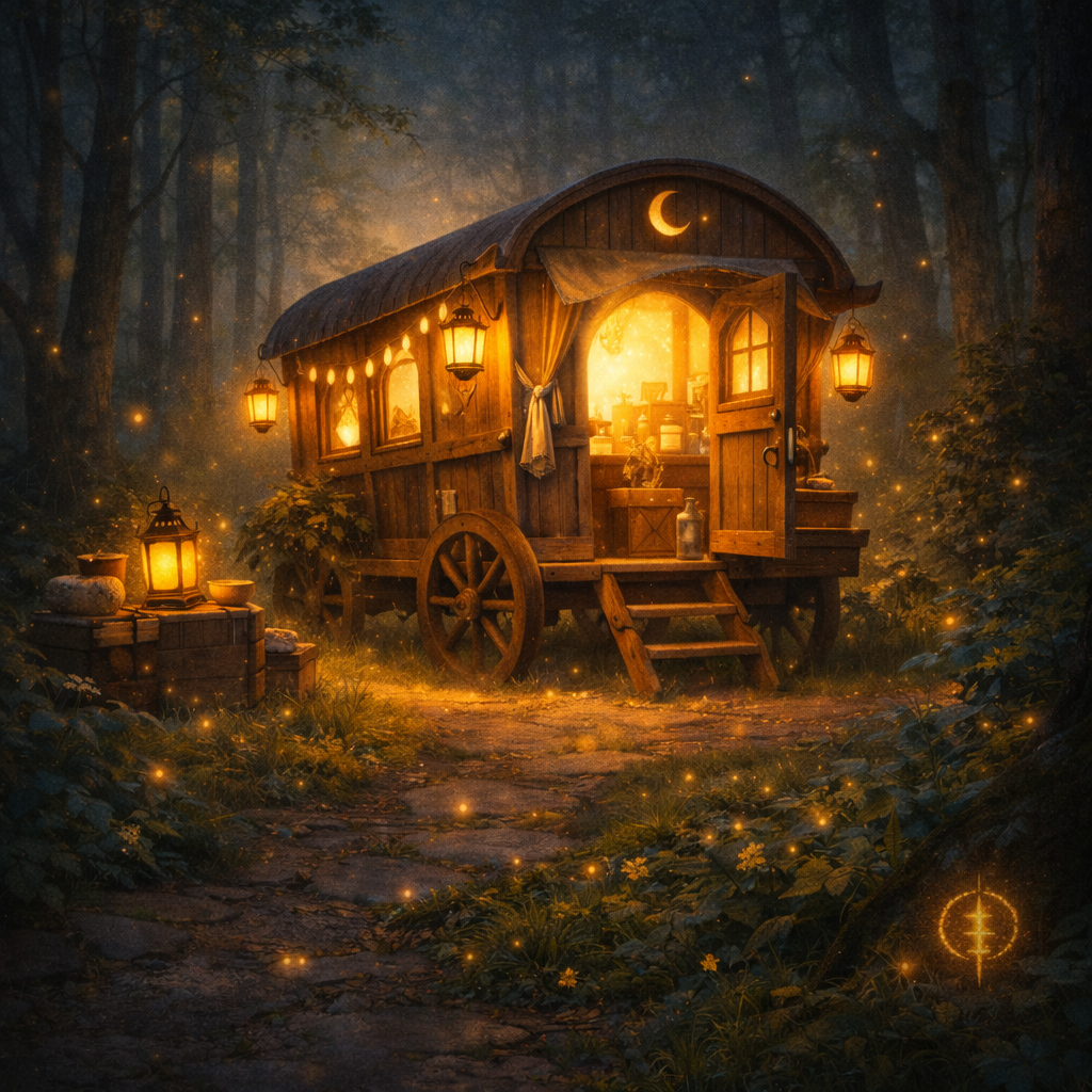 A magical woodland scene featuring a rustic wooden tiny house with a curved roof, illuminated by hanging lanterns and warm interior lights. The house has a small set of stairs leading to its door, surrounded by glowing firefly-like lights, with a moo
