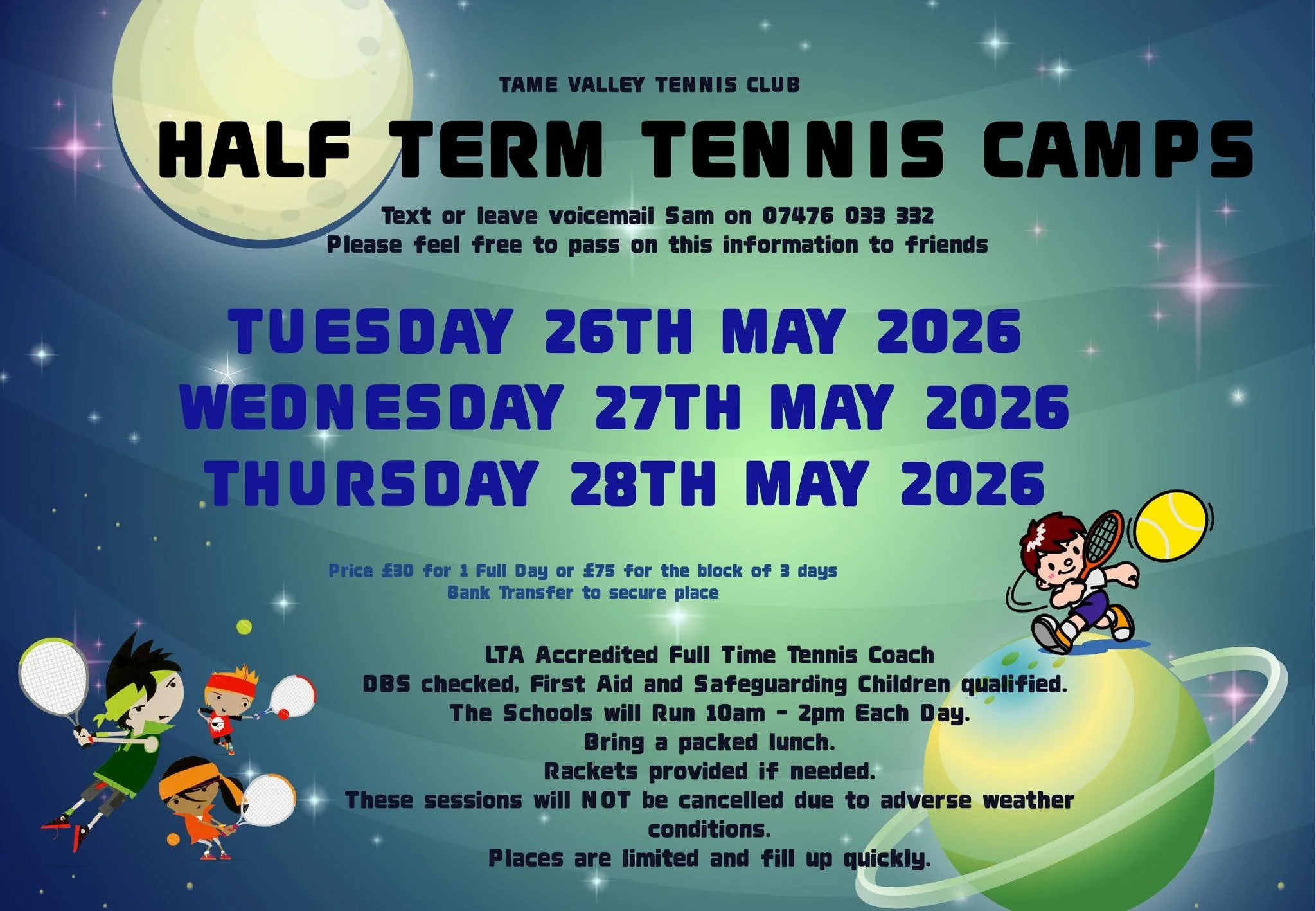 New Junior half-term tennis camps.