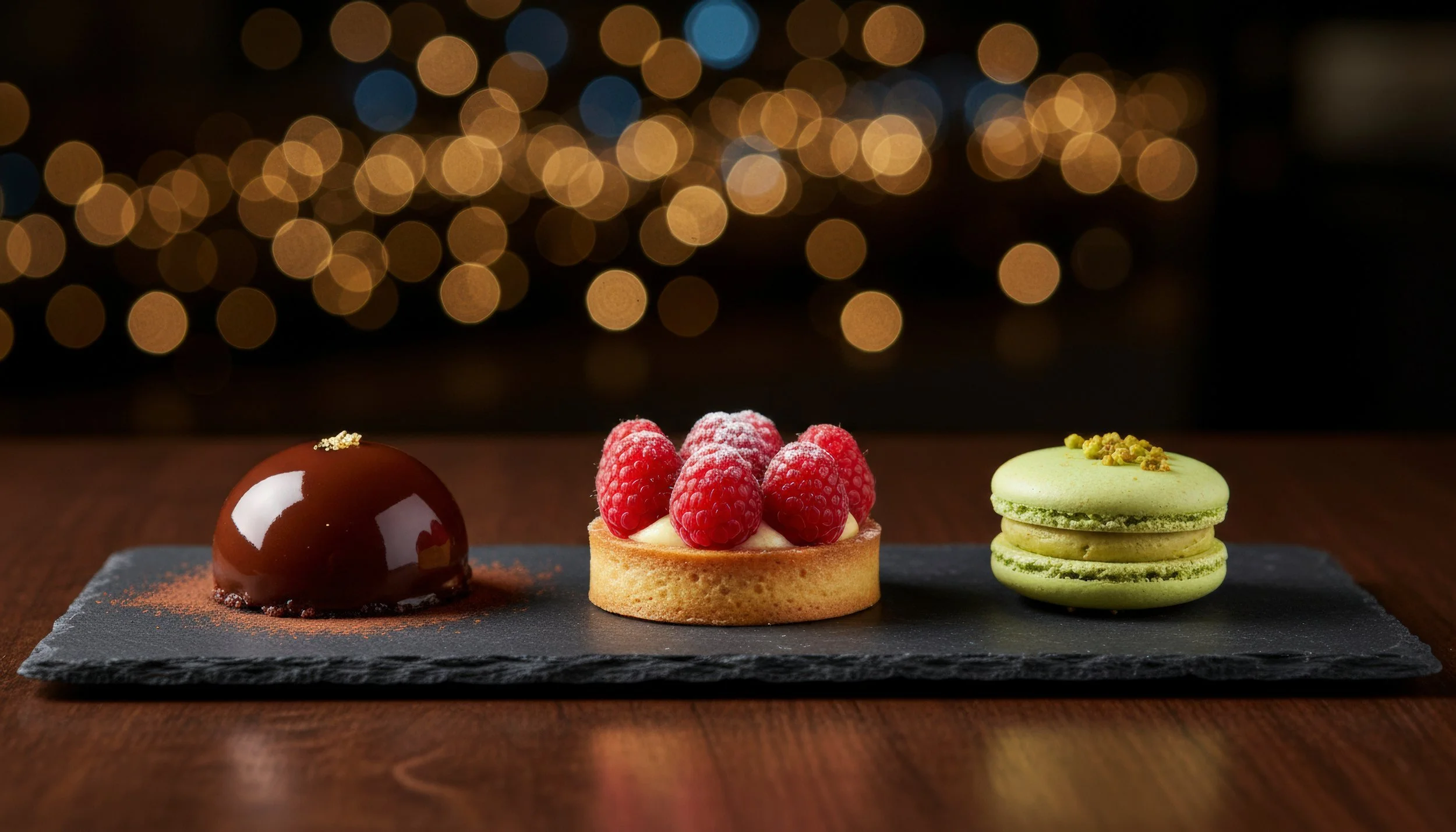 Three desserts on a black slate serving board against a dark, bokeh background. From left to right: a shiny chocolate dome with a small gold decoration on top, a raspberry tart with fresh raspberries on top, and a light green macaron with crushed pistachios on top.