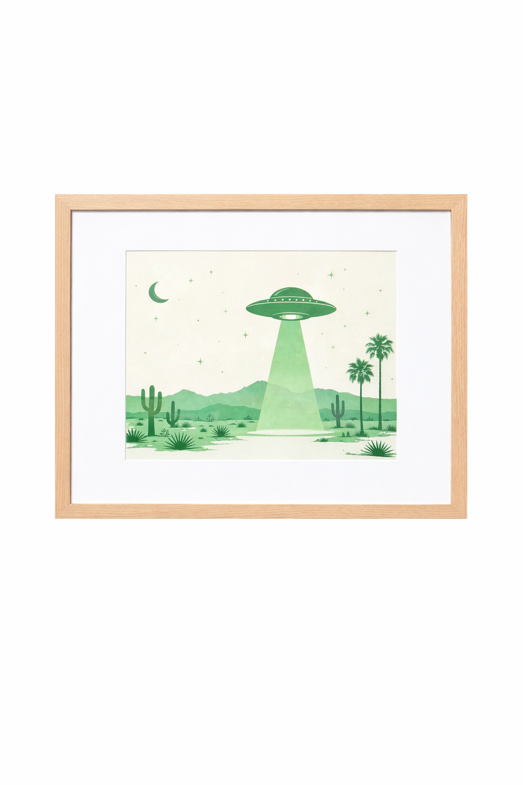 Green UFO Desert Scene Print Framed