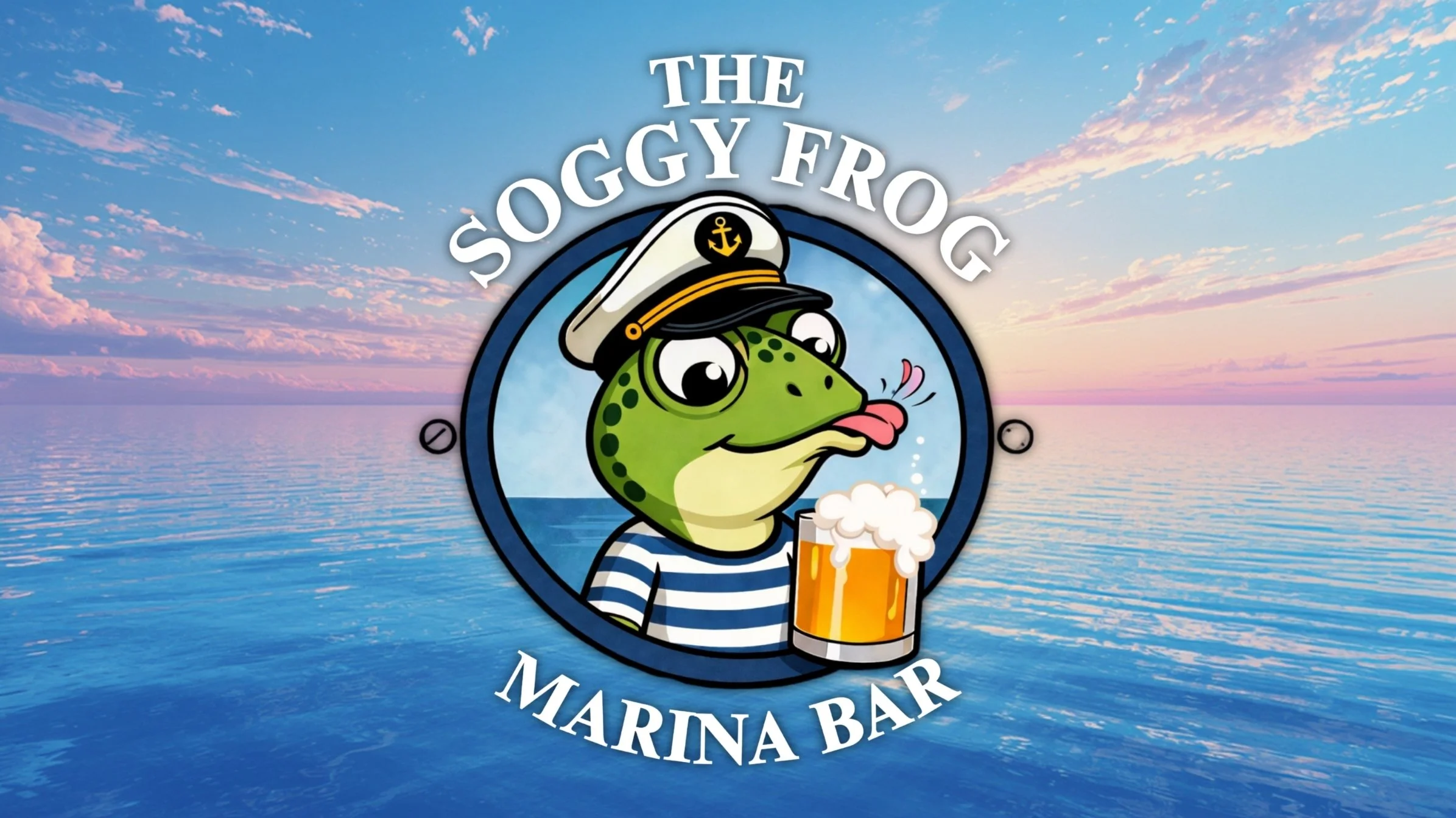 The Soggy Frog Marina Bar Logo | Frog with a captain hat eyeing a large cartoon beer