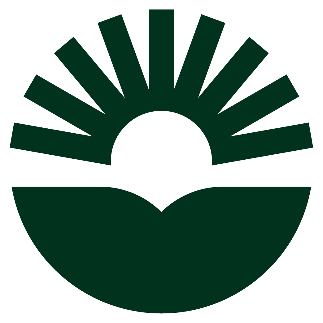 A green icon with a graphic which represents sunrise and sunset above a shape representing an open book.