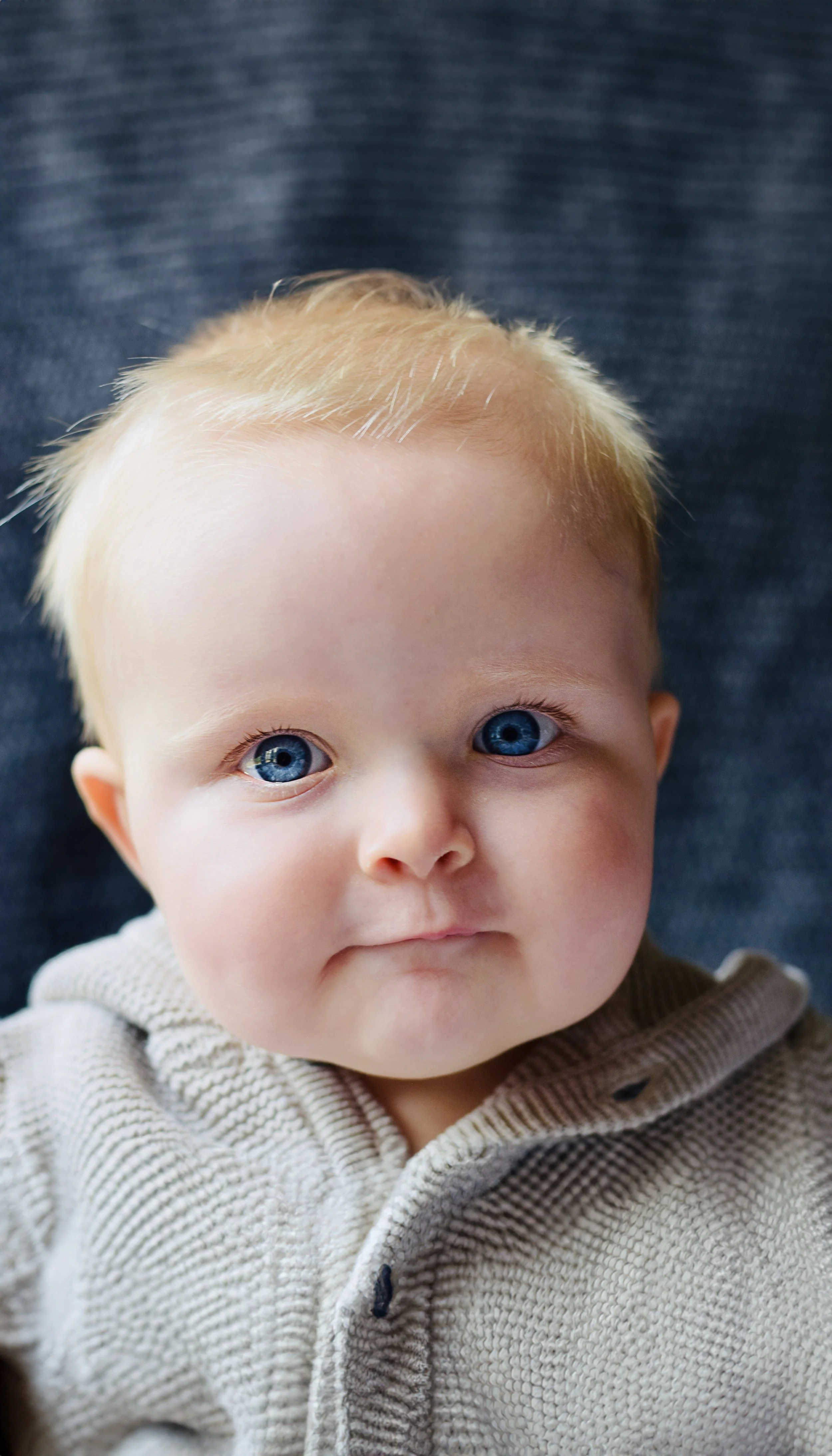 Close-up of a young child with blond hair and blue eyes, wearing a beige knitted sweater, against a dark background.