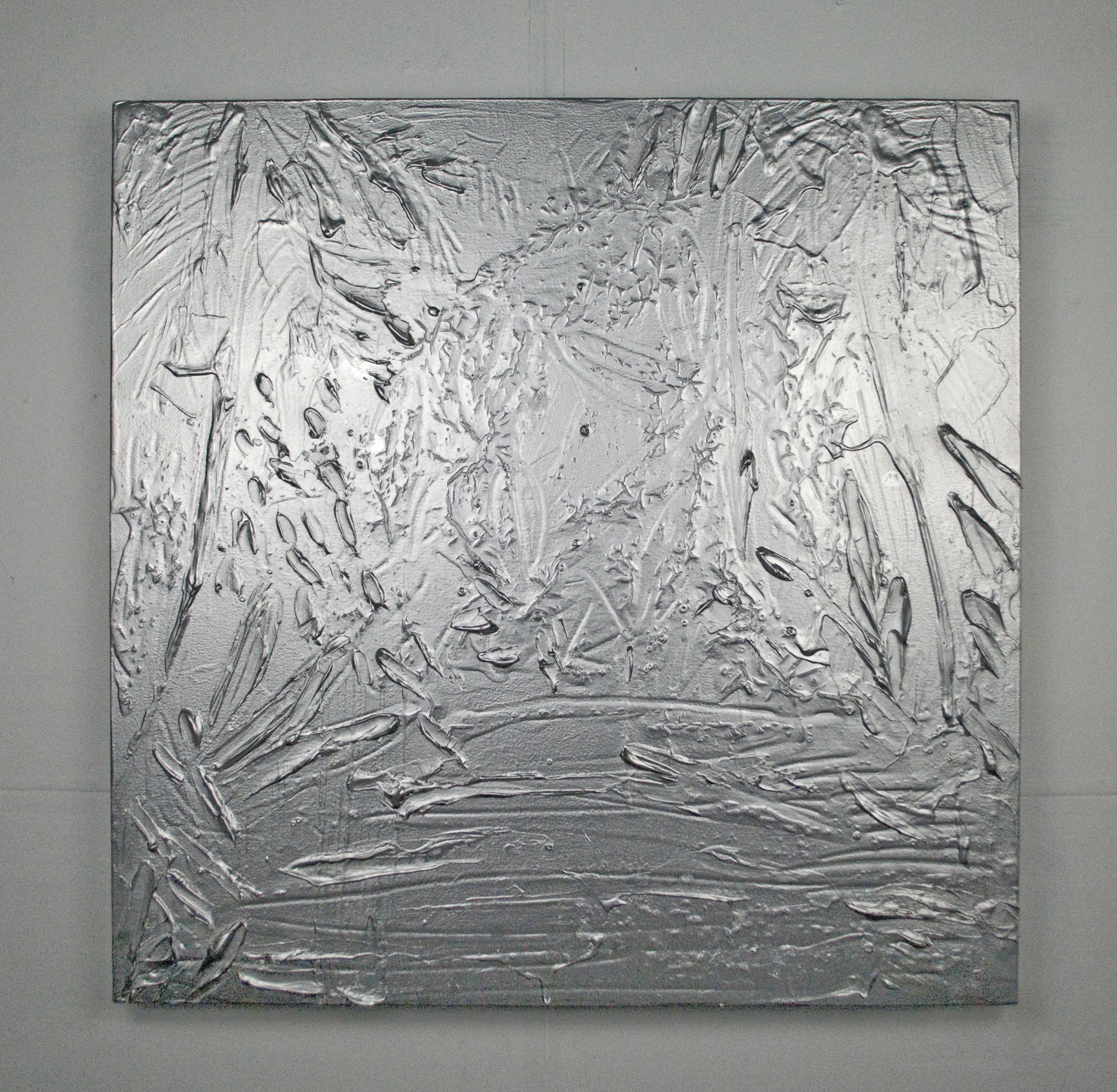 Argent Jungle #2' (study) medium, cement and metallic enamel on panel 48in x 48in 2014
