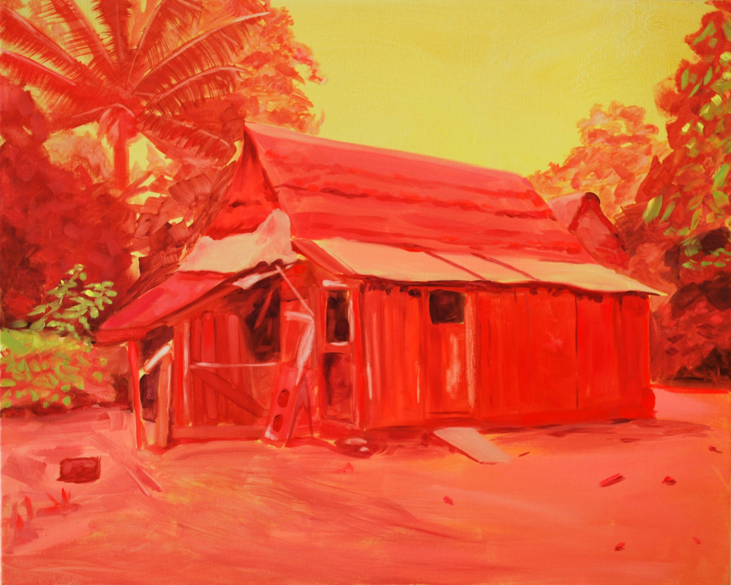 'Pink Hut With Fan Palm' Oil, fluorescent enamel and spray paint on canvas 24" x 30" 2011