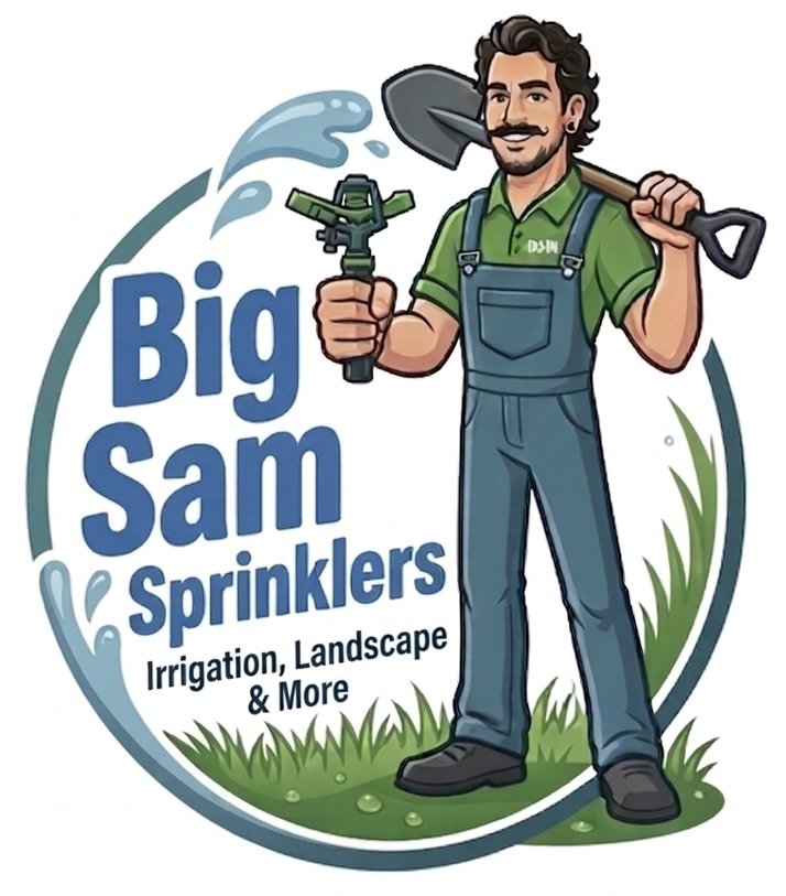 Cartoon of a man in overalls holding a garden hose and a trowel, standing on grass, with a logo reading 'Big Sam Sprinklers' and 'Irrigation, Landscape & More'.