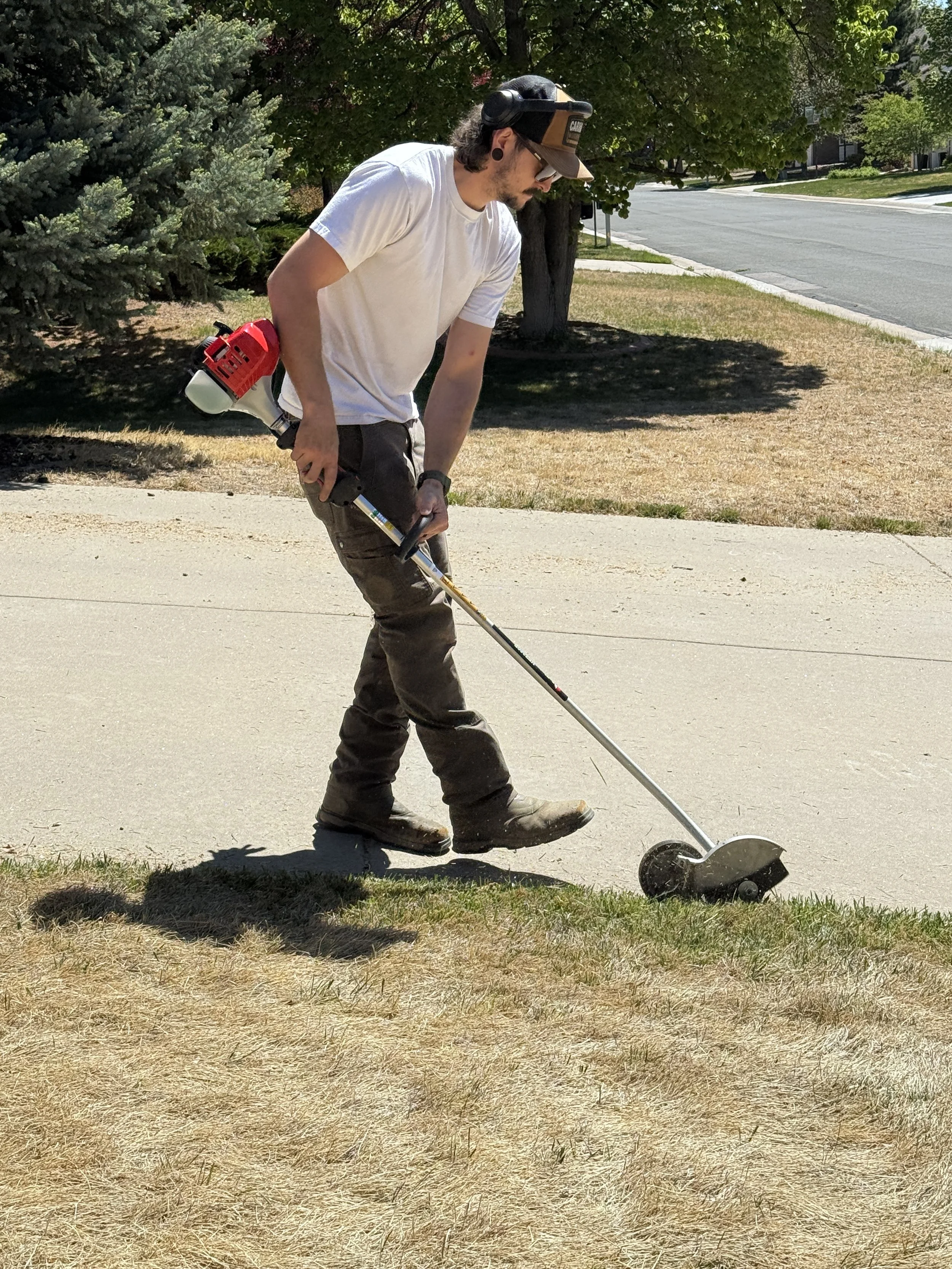 Professional power edging and lawn maintenance in Littleton, CO by Big Sam Sprinklers. Sam uses precision equipment to create clean sidewalk lines and professional curb appeal for a residential landscape in the South Denver Metro area.
