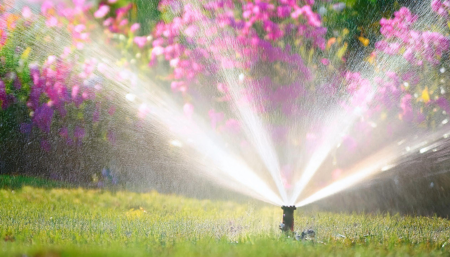 A lawn sprinkler watering a green grassy yard with colorful pink, purple, and yellow flowers in the background.