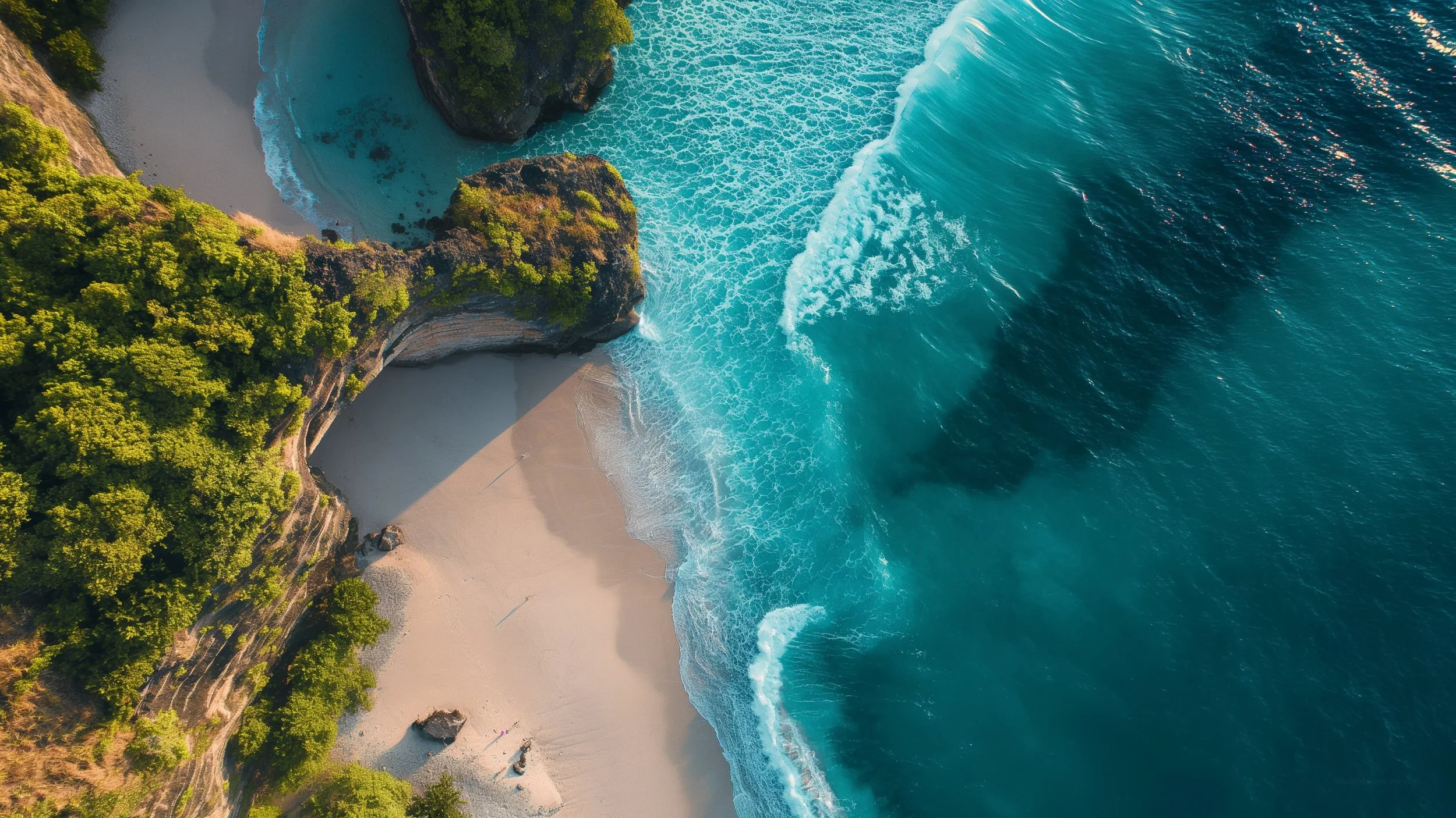 Vista aérea de una playa con arena clara, aguas azules y vegetación verde en los acantilados.
