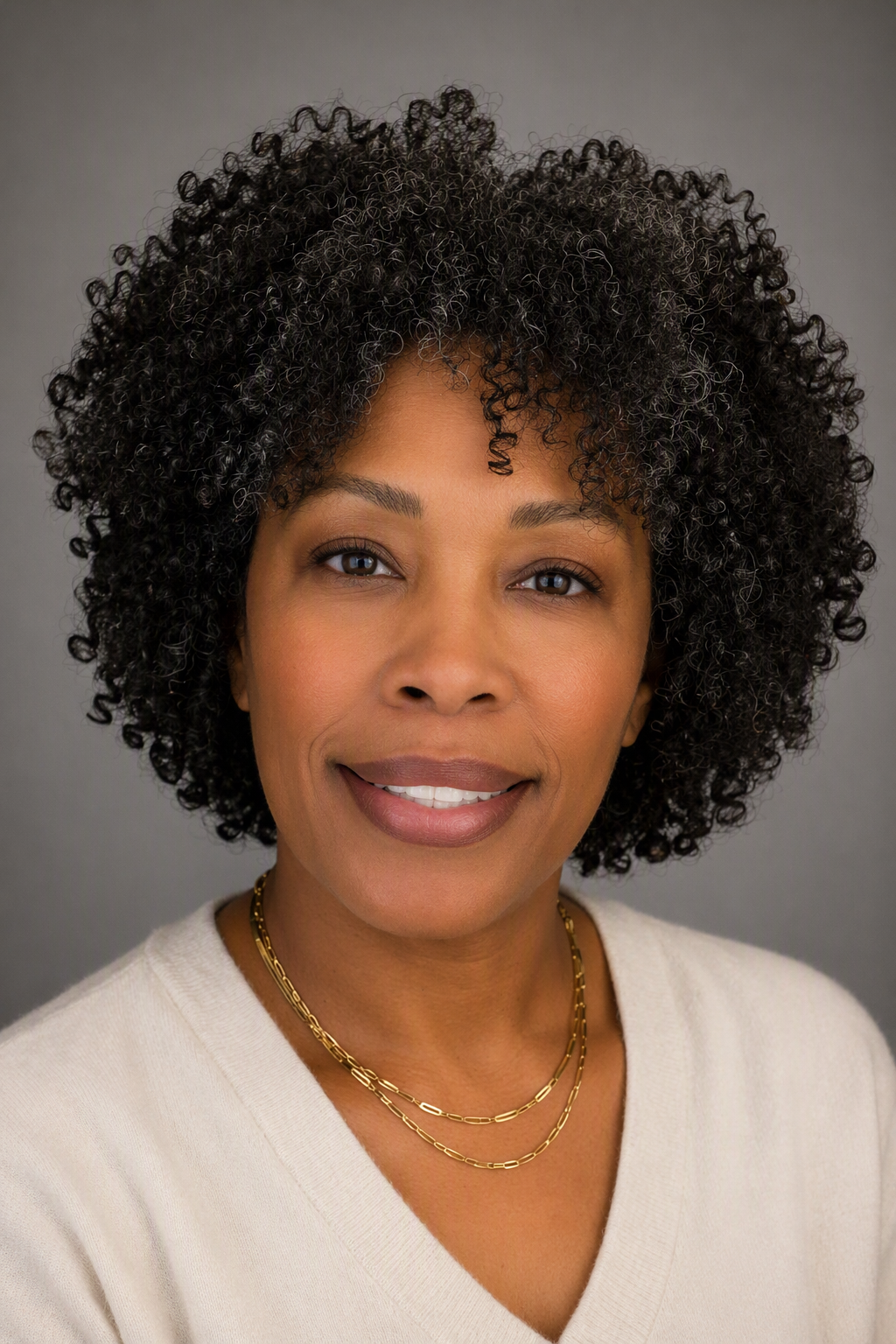 A portrait of an African American woman with short curly hair, wearing a cream V-neck sweater and layered gold necklaces, smiling softly against a plain gray background.