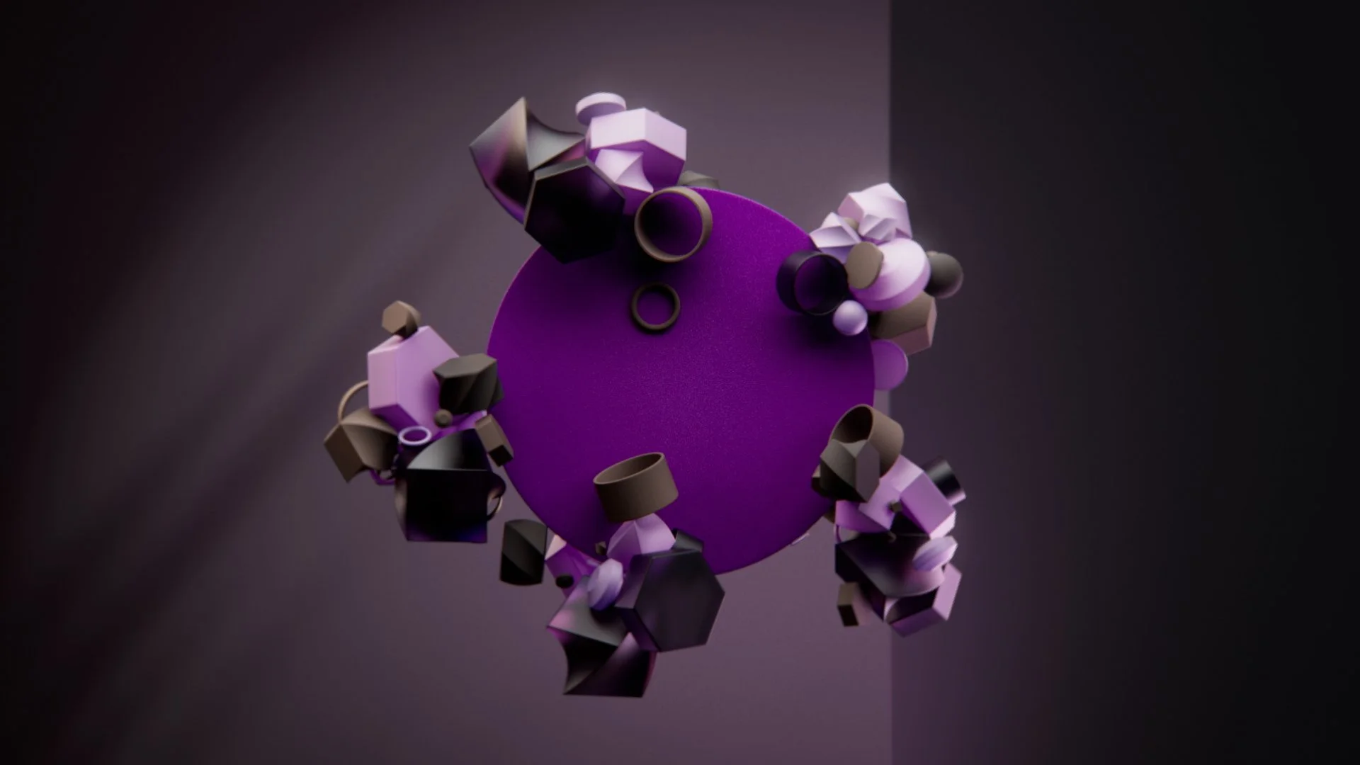 An abstract digital art piece featuring a large purple sphere surrounded by various black, white, purple, and beige geometric shapes, on a reflective surface with a dark background.