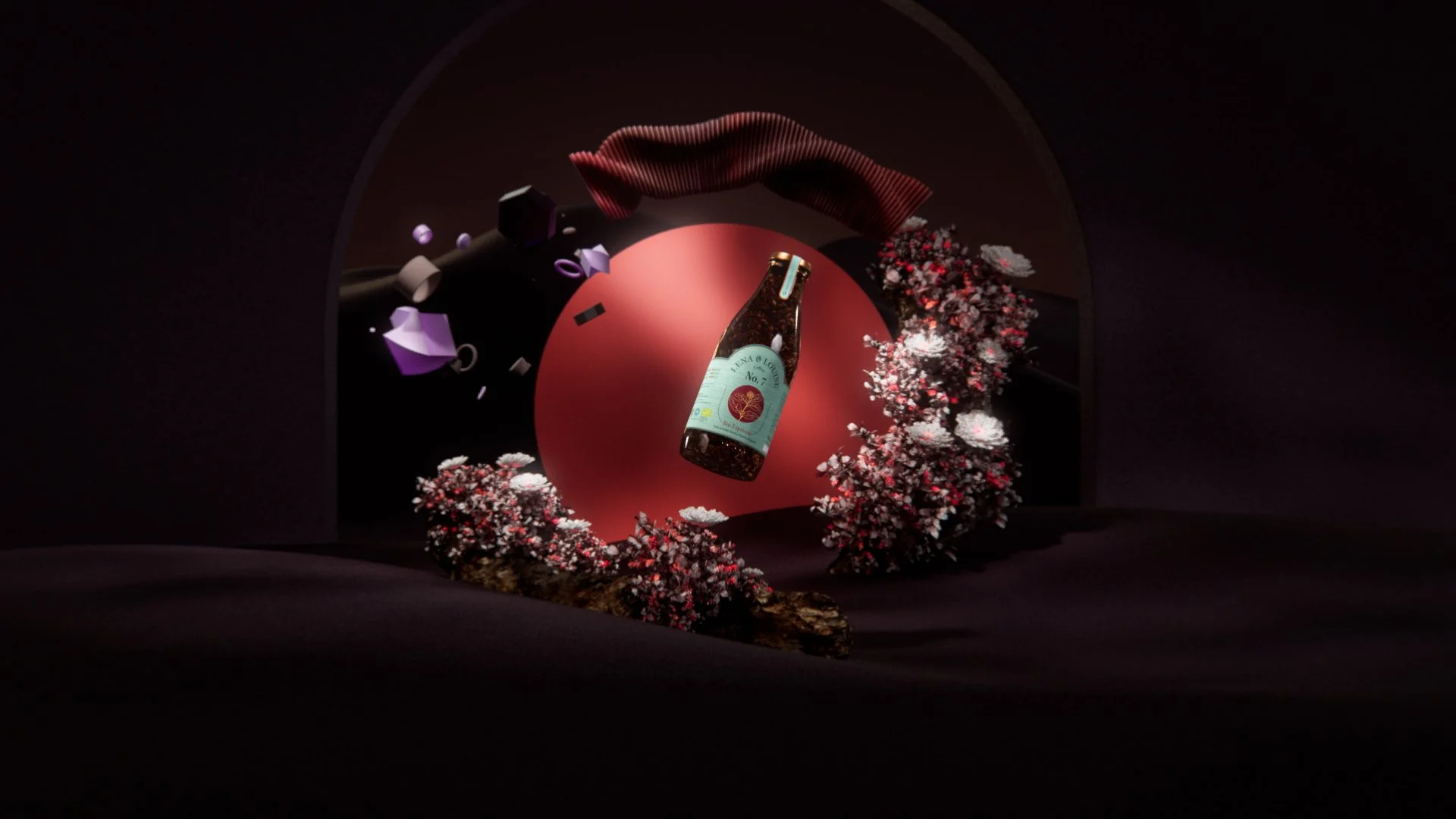 A stylized image featuring a bottle of a beverage with a label, surrounded by floral decorations and abstract geometric shapes, against a dark background with a red circular accent.