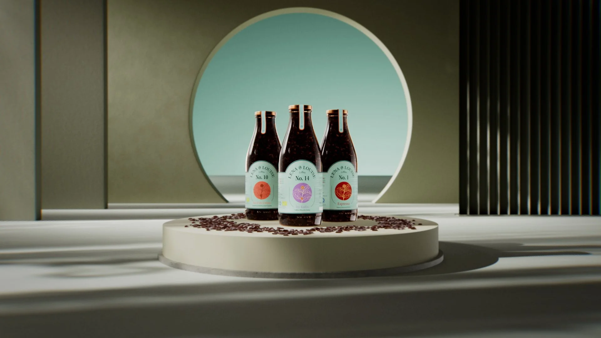 Three bottles of coffee syrup on a white circular platform with scattered coffee beans, in front of a round mirror and modern interior background.