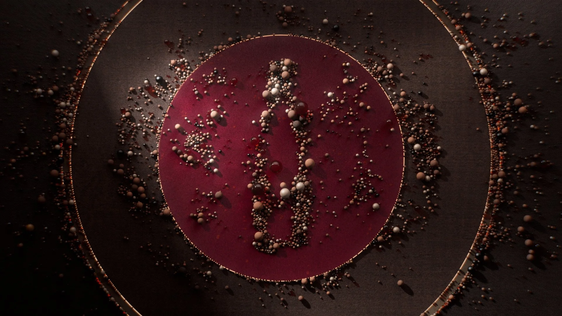 A digital or computer-generated art piece featuring a central dark pink circle with a vertical line of scattered white, black, and beige spheres, surrounded by a larger black background with additional scattered spheres.