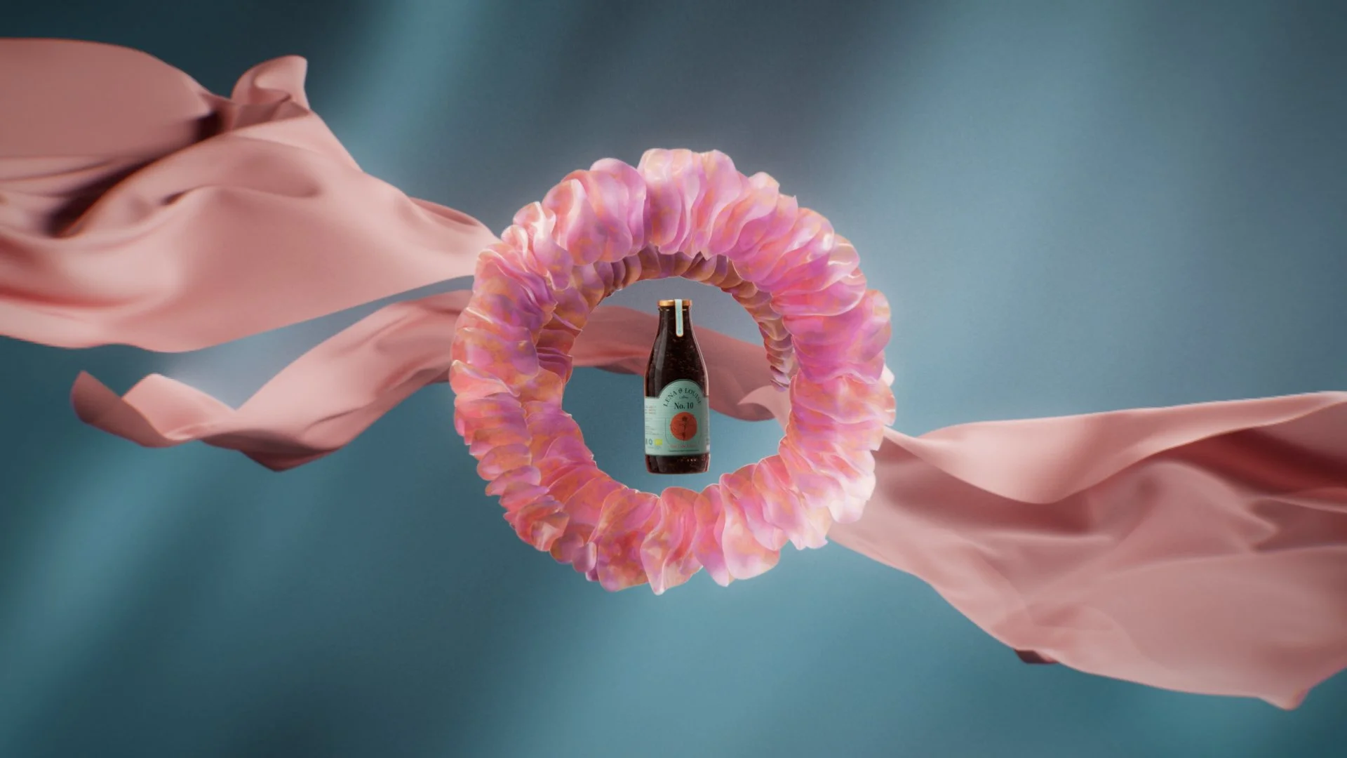 A pink ribbon twisted into a circle, with a dark brown bottle of soda or beer in the center, set against a teal background.