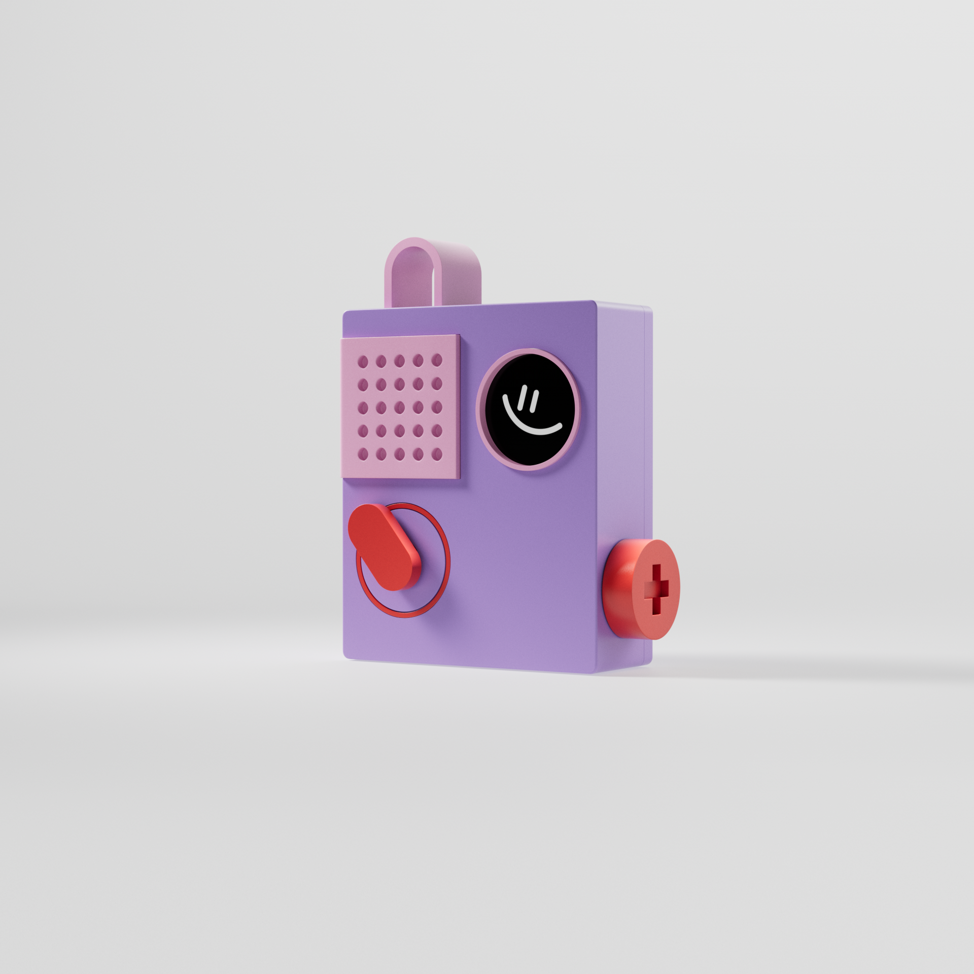 A colorful toy medical kit with a purple body, pink speaker, red rotary dial, and a red cross symbol on the side, set against a plain white background.