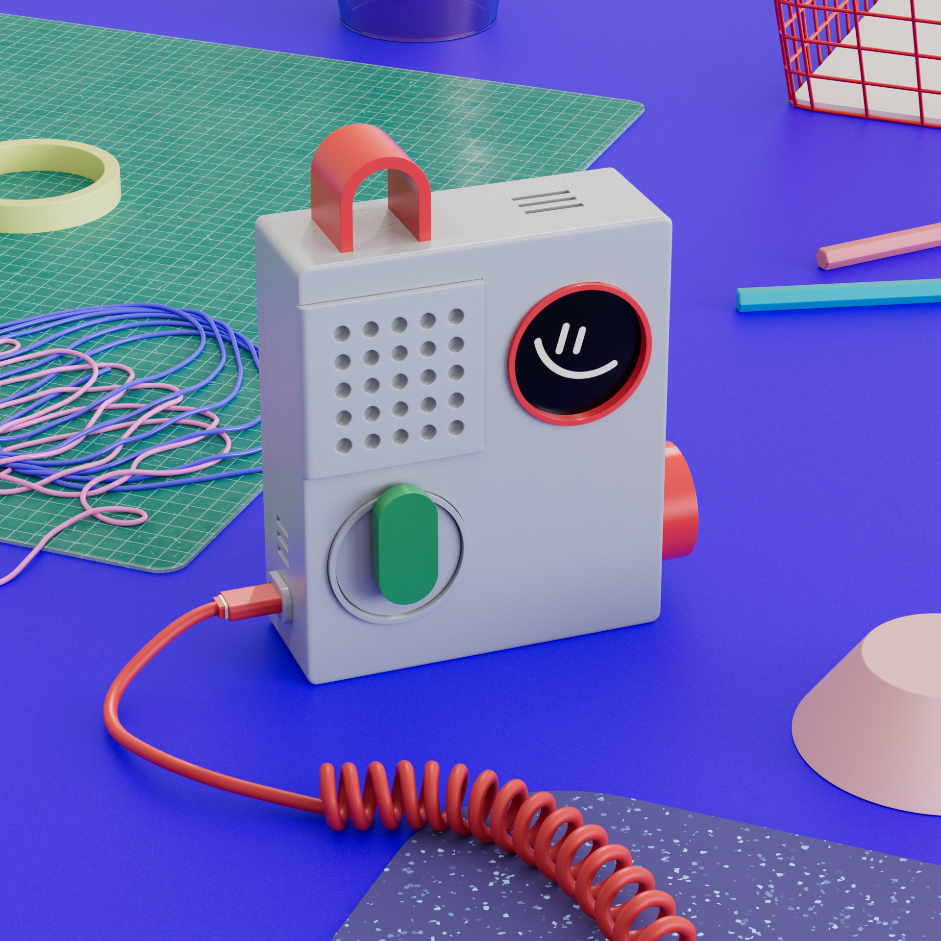 Colorful Clock robot with a smiley face on a vibrant play mat surrounded by craft supplies and stationery.