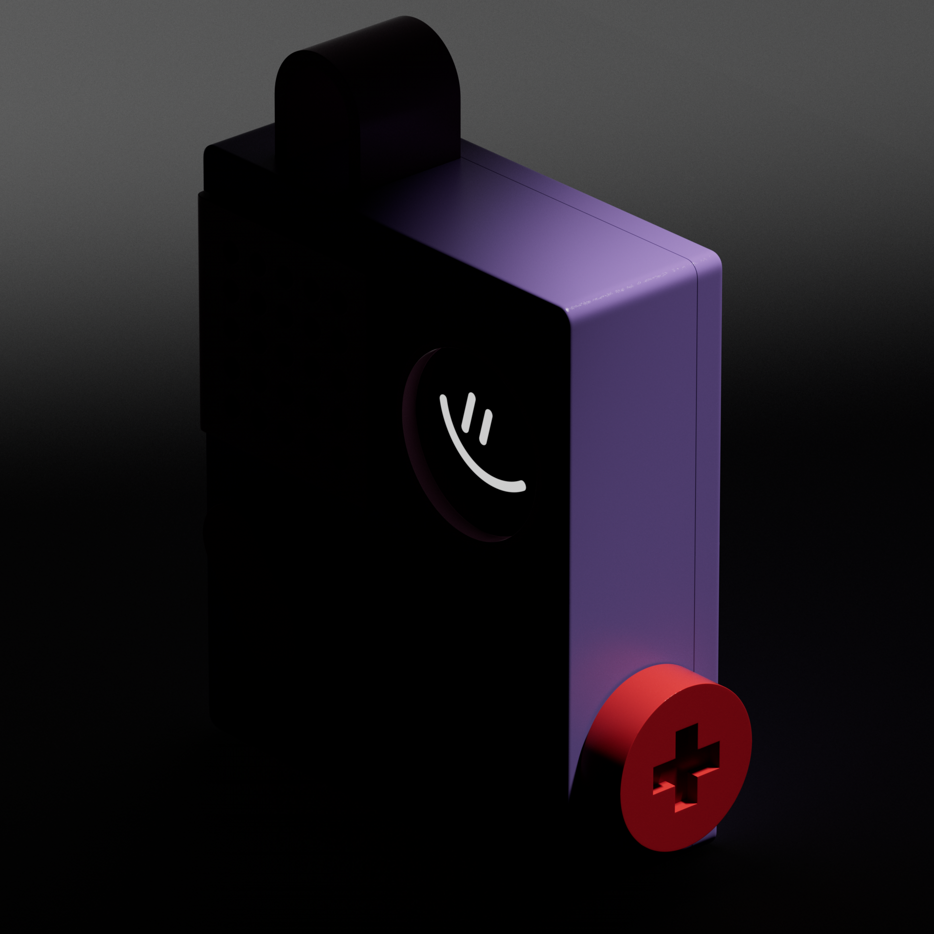 A dark-colored medical device with a smiley face logo on its front, a red cross symbol at the bottom, and illuminated purple accents on its side.