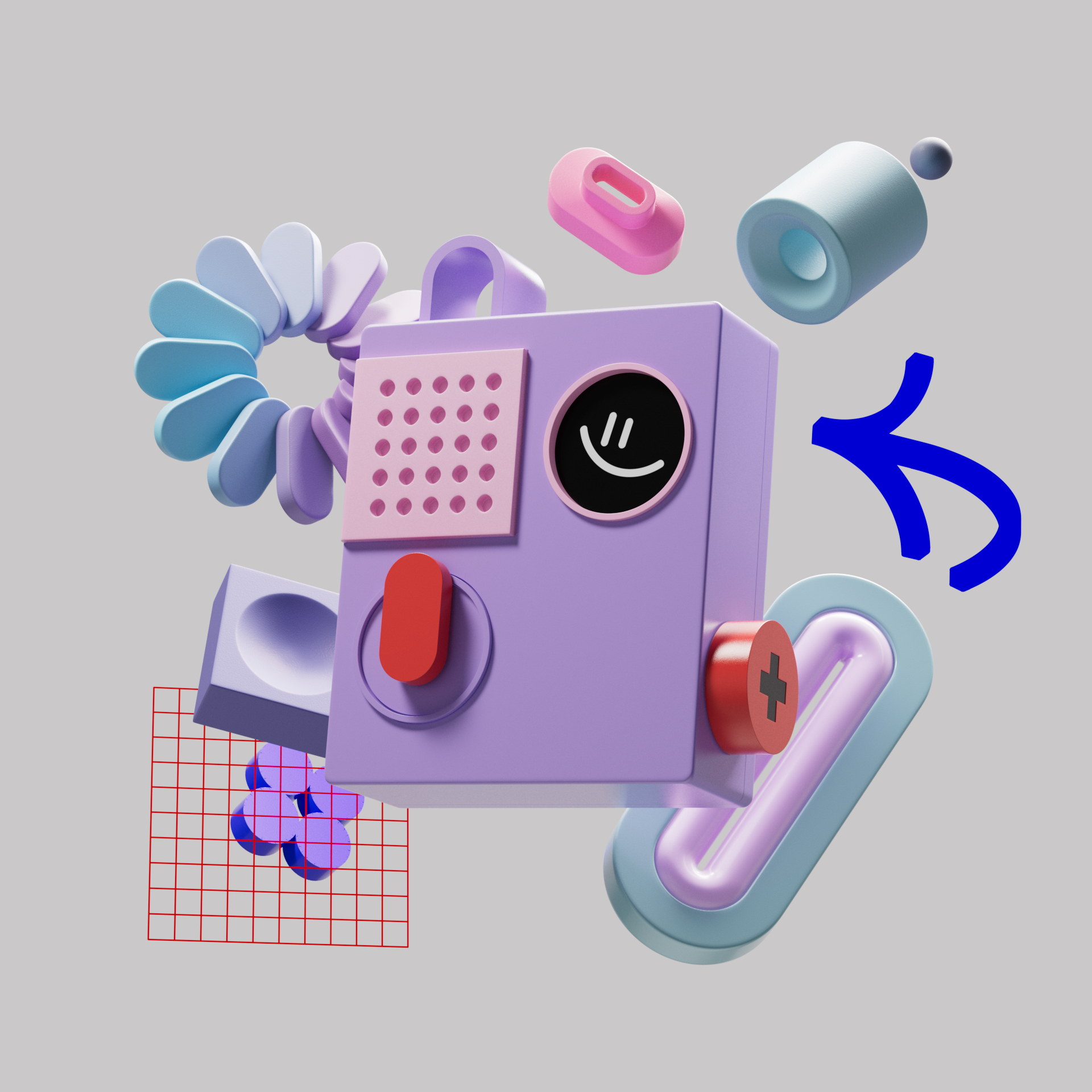 A colorful abstract 3D illustration of a robot with a smiling face, surrounded by various geometric shapes and components, including a purple spiral, a pink grid, and tubes in pastel colors.