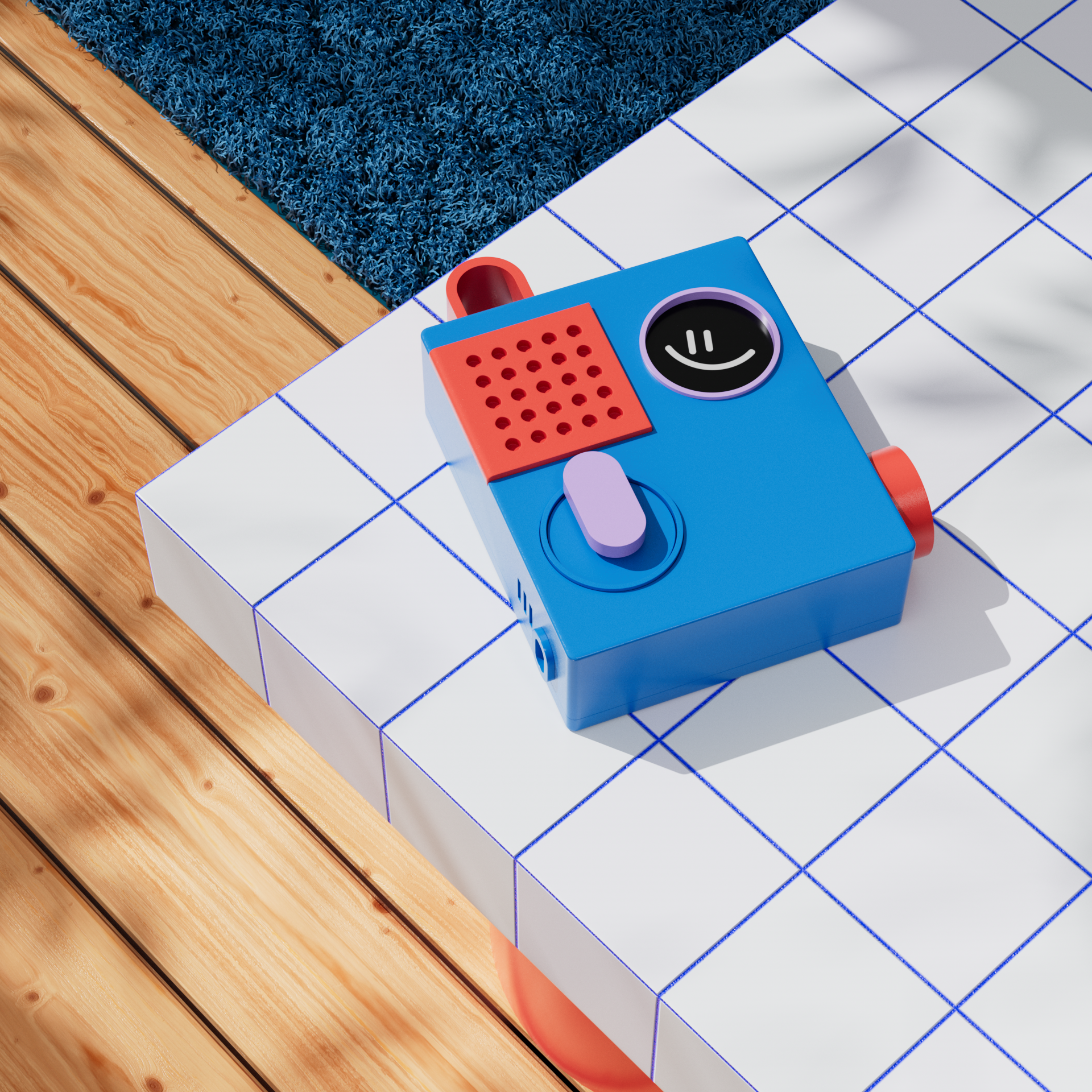 Colorful children's toy resembling a vintage boombox on a tiled table with wooden flooring and a blue rug nearby.