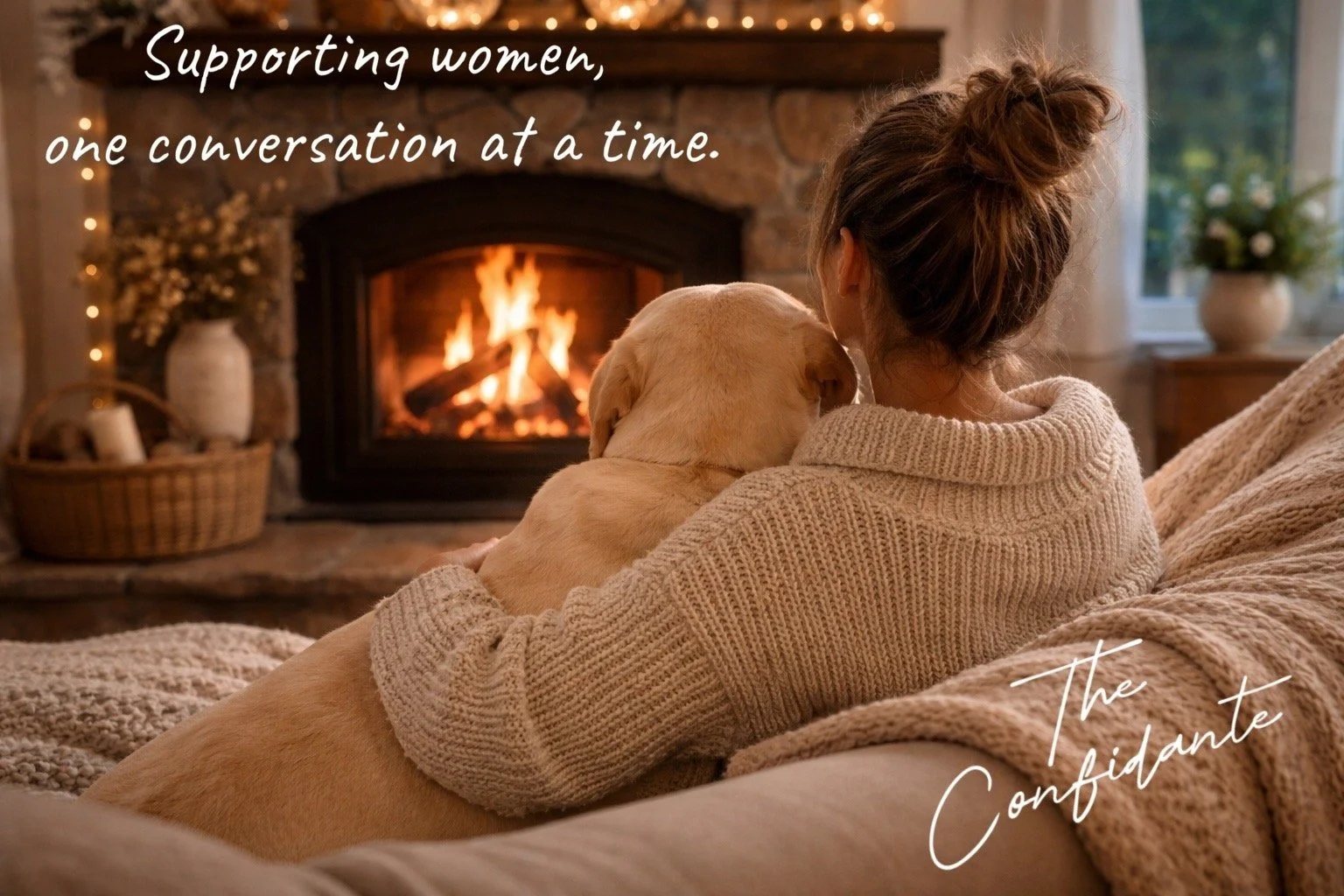 A woman sitting with dog on couch in front of fireplace.  Text reads, "Supporting women, one conversation at a time."