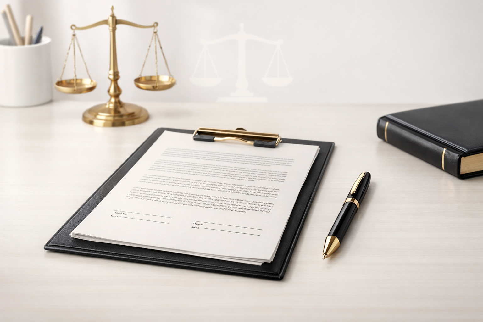 White desk with a gold scale, a contract on a folder and a white jar with pencils, a black pen and a black book