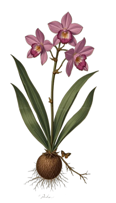 A fantastical orchid image with pink flowers, bulb, roots and long green leaves.