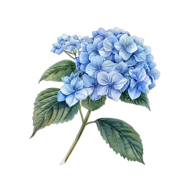 Blue hydrangea flower with green leaves stylised.