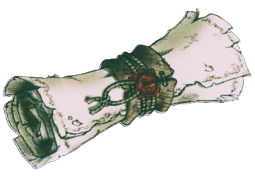 A rolled-up red wax sealed parchment spell and ribbon around it, resembling a scroll.