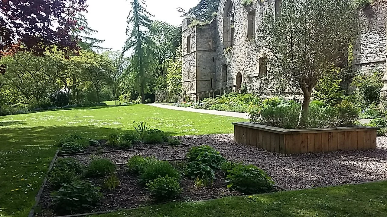 A Minster cathedral garden with a grassy lawn, trees, and a stone building in the background. There are patch gardens with various plants botanicals, physic garden and a wooden raised bed with landscaped grounds and trees.