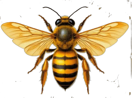 Close-up of a vintage image bee with yellow and black striped abdomen and transparent wings in fantasy style.