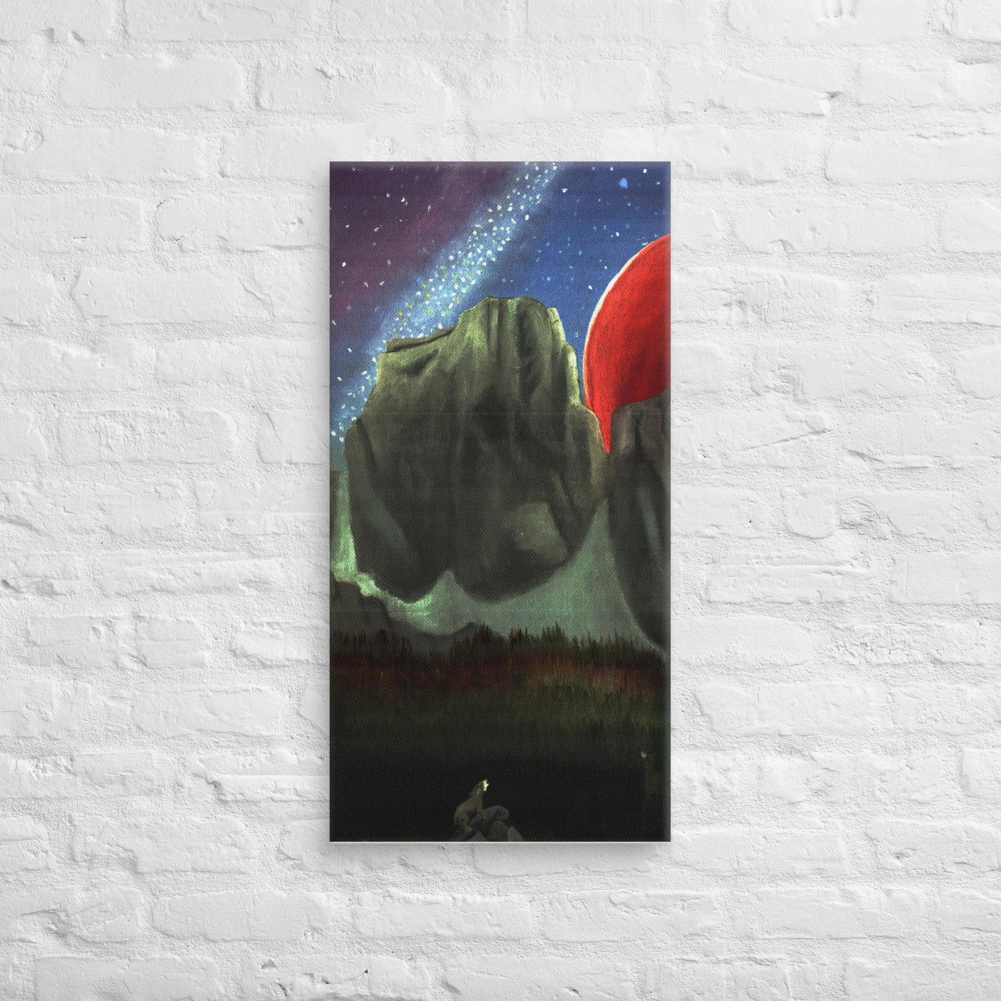 Painting of a mountain, night sky with stars, and a nebula, with a figure sitting on the rocky ground.