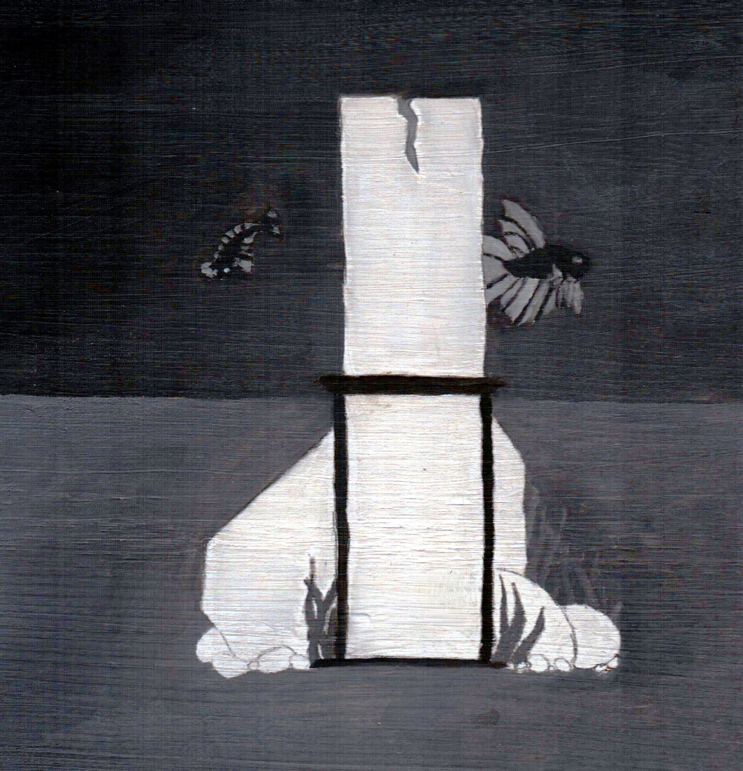 A painting of a monochromatic obelisk, flanked by two fish on a sea bed.