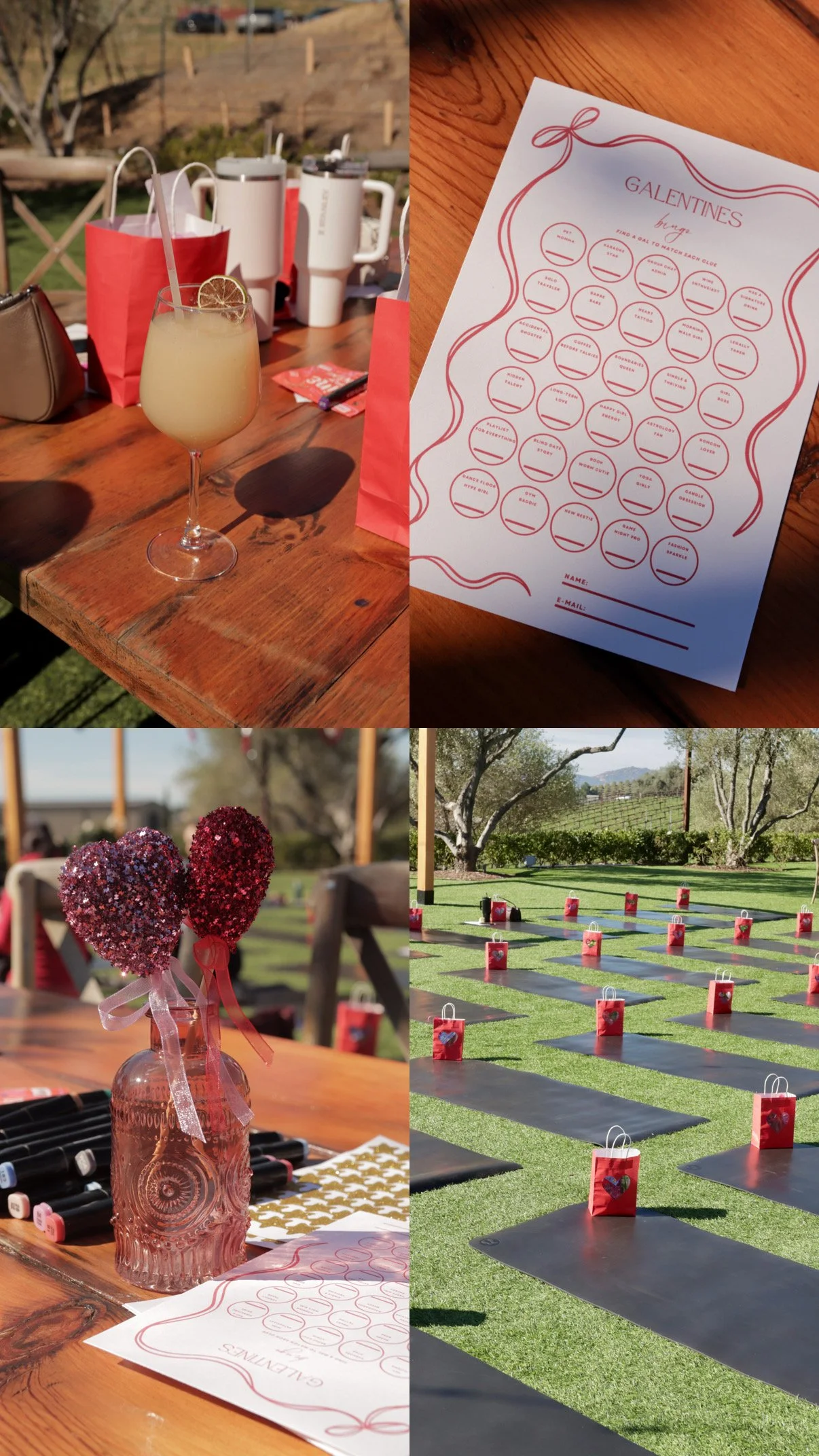 A collage of four photos showing outdoor Valentine's Day celebration setups. The top left photo features a wooden table with a cocktail garnished with a lemon slice, red gift bags, white coffee mugs, and outdoor scenery in the background. The top right photo is a close-up of a Valentine's Day-themed worksheet titled 'Galentines' with empty circles for names. The bottom left photo showcases heart-shaped glitter decorations in a glass jar, surrounded by markers and a sheet of paper with a decorative border. The bottom right photo displays outdoor yoga mats arranged on the grass, each with a red gift bag featuring a heart, set against a scenic backdrop of trees and rolling fields.