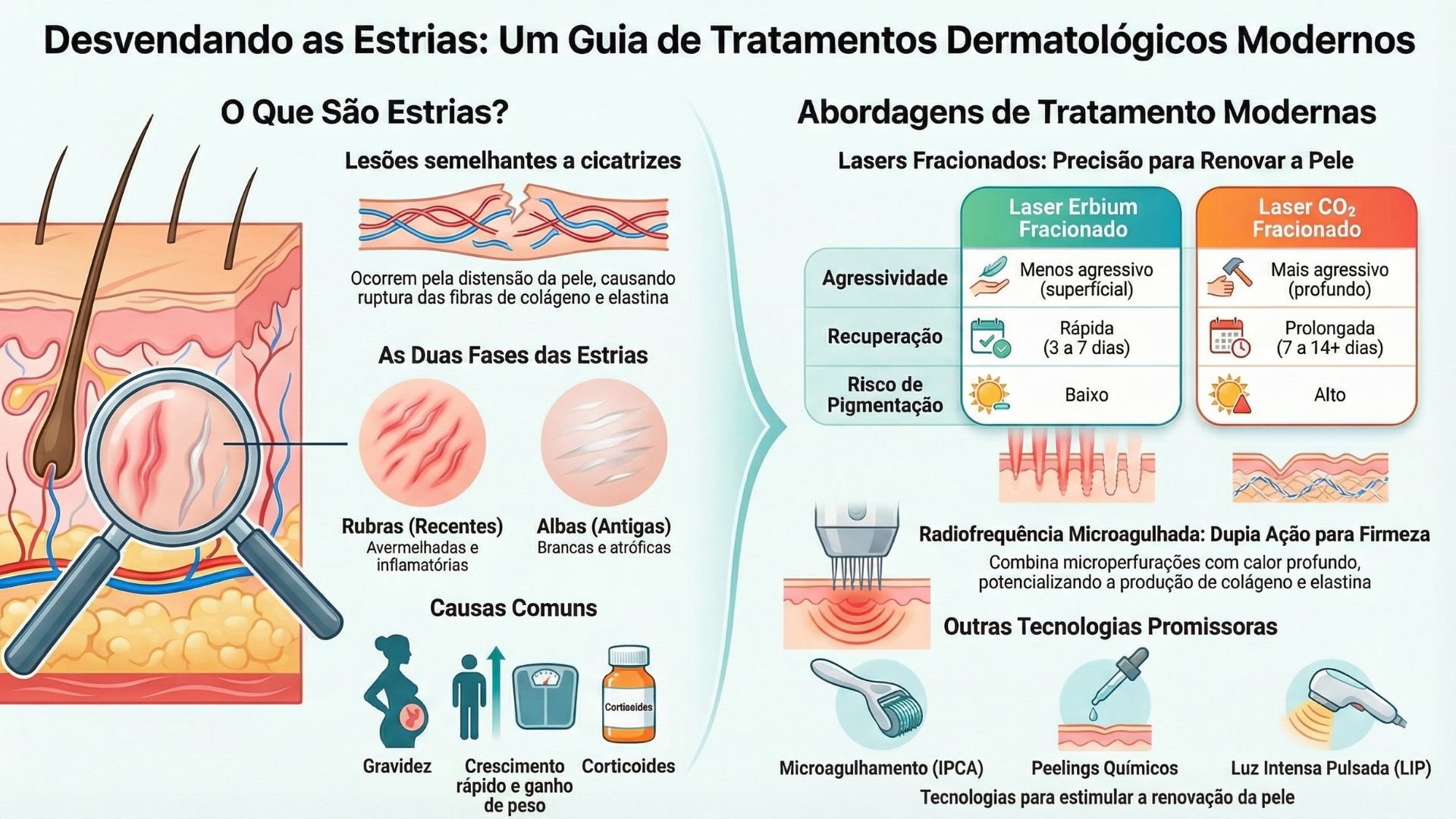 Infográfico com várias imagens interessantes sobre o assunto do texto e os tipos de tratamentos para estrias