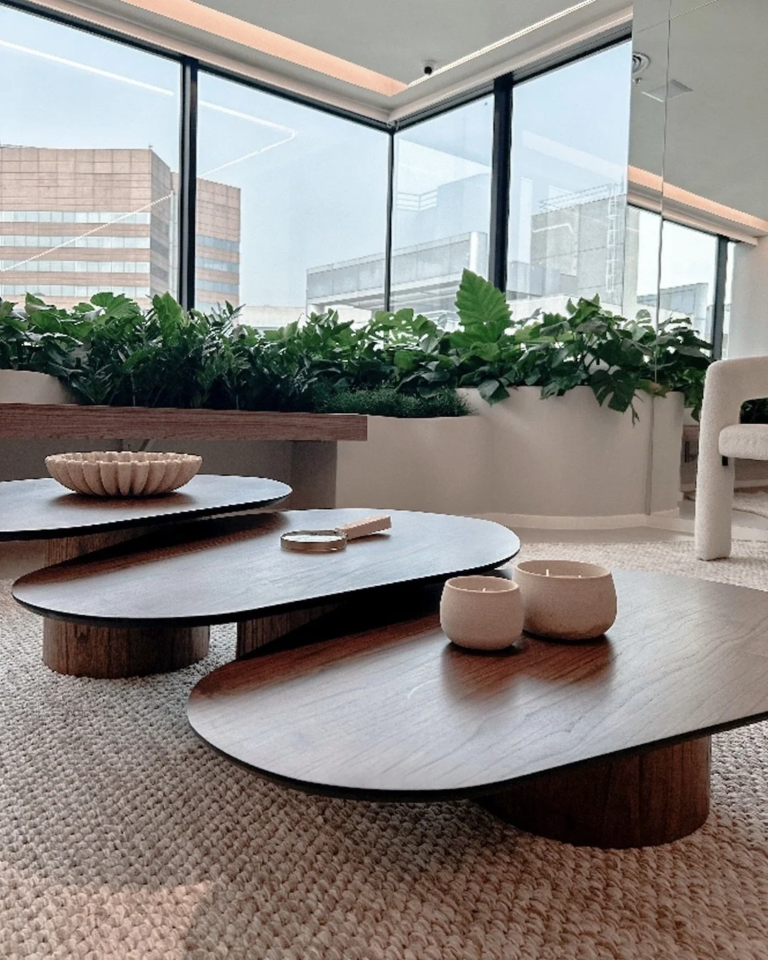 Sala de estar com mesas de centro de madeira, vasos e uma grande janela com visão de prédios ao fundo, decorada com plantas verdes e uma cortina de vidro.
