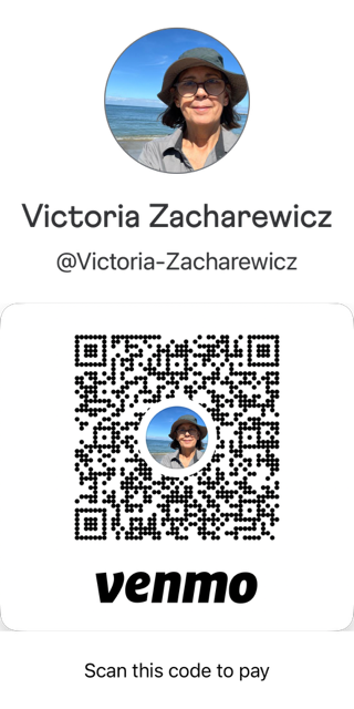 Social media profile with a profile picture of a woman wearing a hat and glasses, background of blue sky and ocean, name Victoria Zacharewicz, and a QR code linked to a Venmo account.