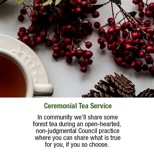 A cup of tea beside red berries and pinecones on a white surface with a community event flyer for a ceremonial tea service.