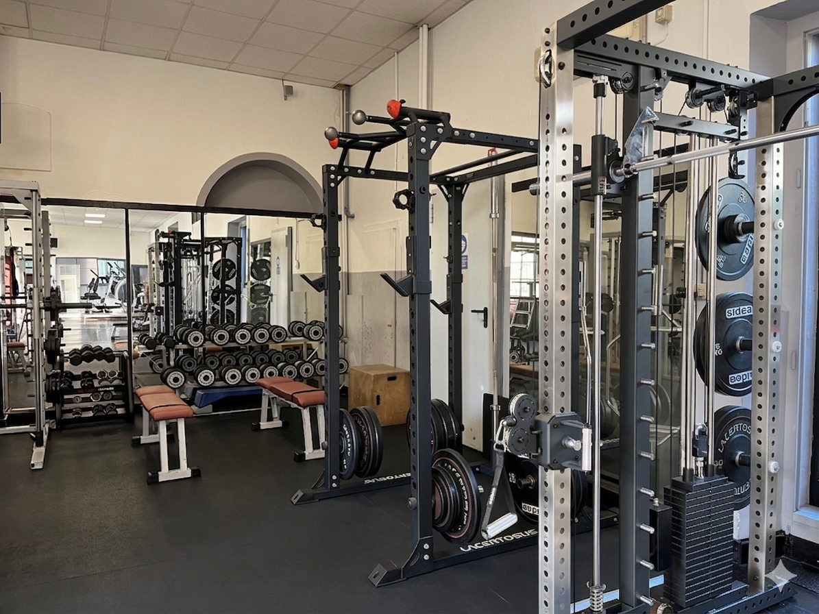 Gym interior with various weightlifting and fitness equipment, including dumbbells, weight plates, benches, and a squat rack.