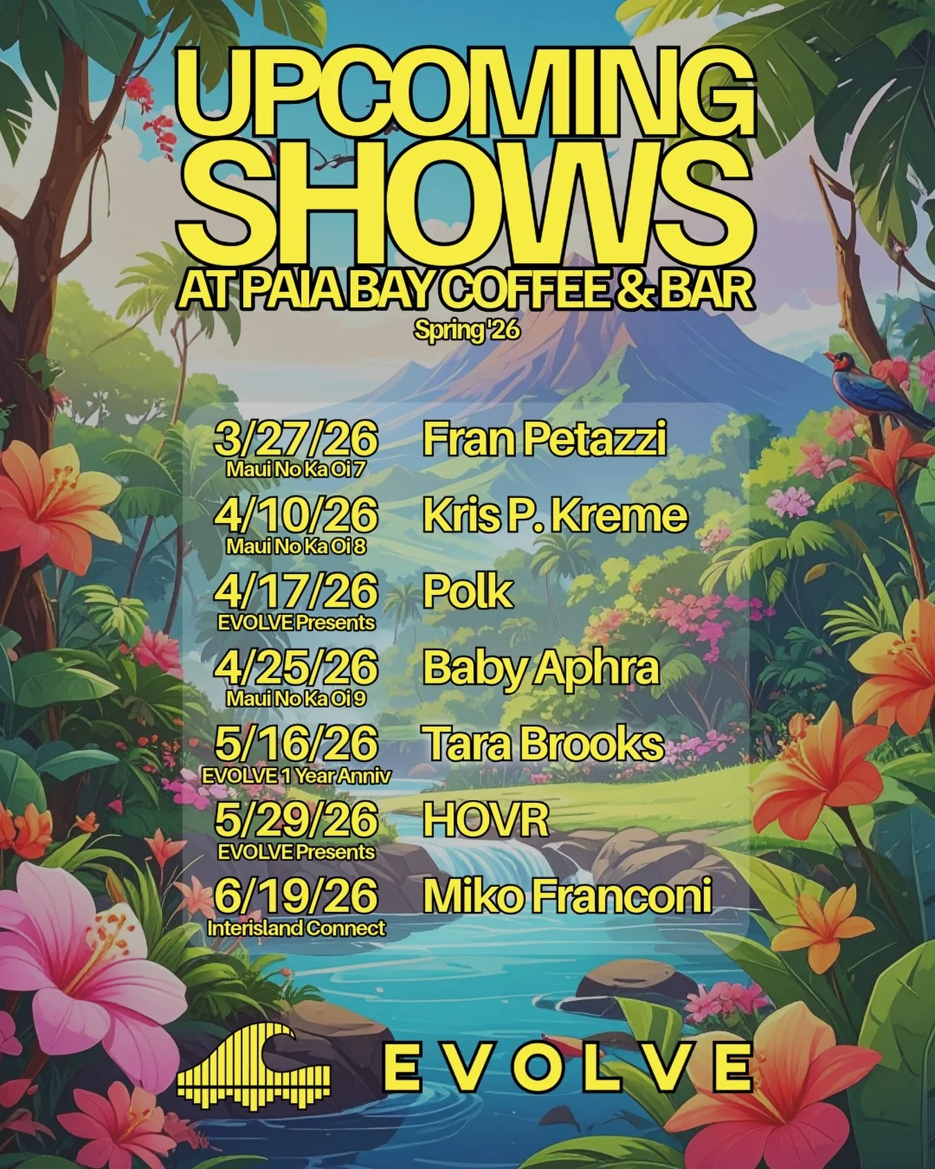 Spring has SPRUNG&hellip;and so has our new lineup of shows at @paiabaycoffeeandbar 

Can&rsquo;t wait to see you all bloom on the dance floor!

Come EVOLVE 🪩🌺