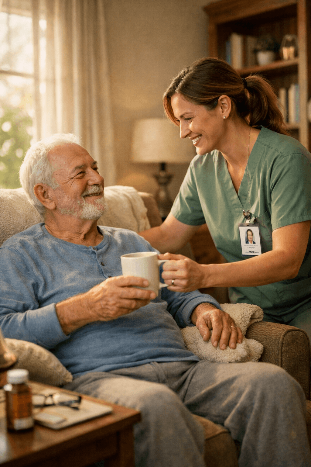 Nurse smiling and helping elderly man with mug in living room. Concierge home care Houston — Care Guild Houston caregiver.