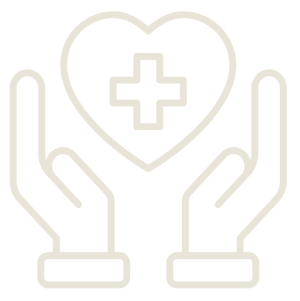 Outline of two hands holding a heart with a medical cross in the center.