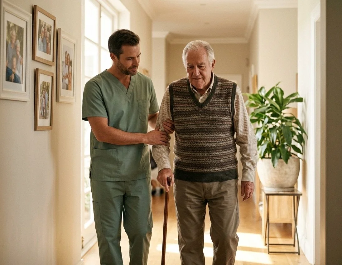 An elderly man sitting at a dining table holding hands with a caregiver, smiling indoors with large windows and curtains in the background. Private in-home caregiver helping elderly client in Houston.