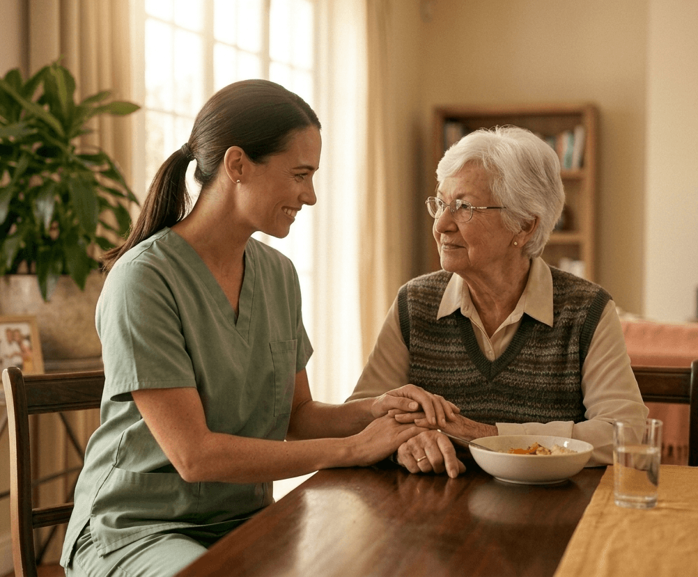 A person in a green shirt is helping an elderly woman in a beige sweater to eat soup at a wooden table. Private in-home caregiver helping elderly client in Houston.